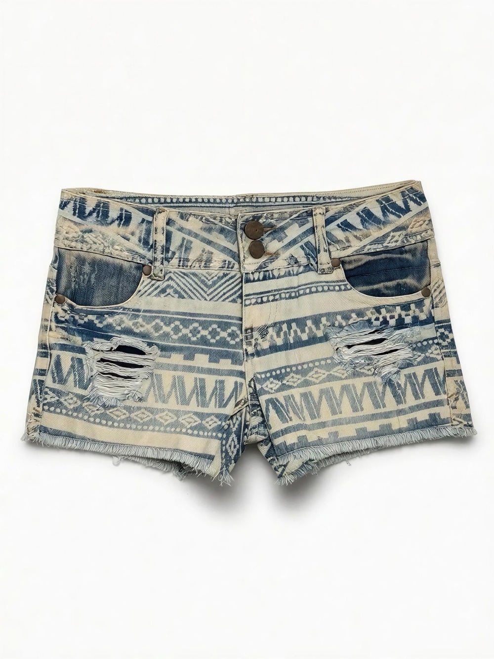 Vintage Y2K Lower‎ cut Gianni Bini Aztec Print Distressed Denim Shorts -- 1